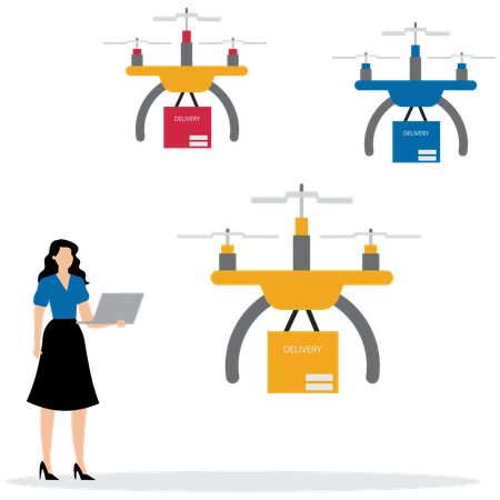 Menina usando sistema de entrega por drone  Ilustração