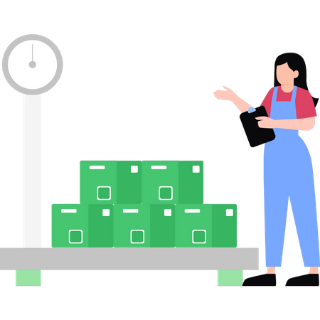 Menina verificando o peso das caixas  Ilustração