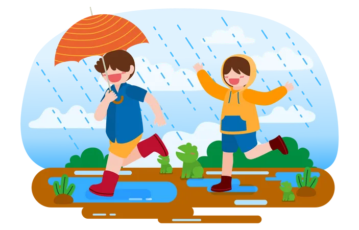 Menina vestindo capa de chuva e menino segurando guarda-chuva aproveitando a chuva  Ilustração