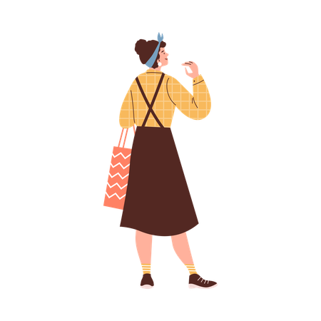 Menina usando saia e lenço na cabeça carregando saco de papel  Ilustração