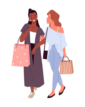 Meninas andando com sacolas de compras  Ilustração