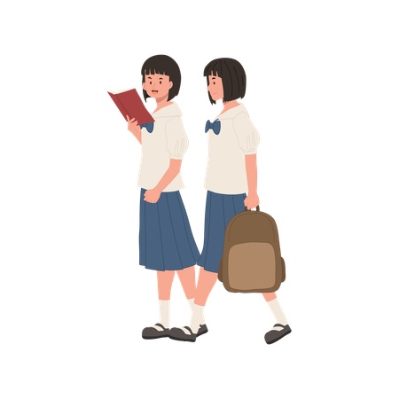 Meninas asiáticas uniformizadas caminhando com um livro  Ilustração