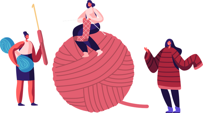 Meninas com agulhas de tricô sentadas em um enorme punho  Ilustração