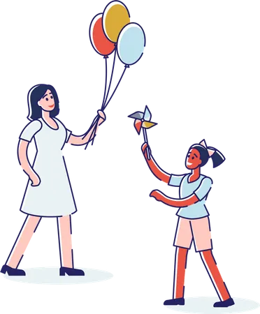 Meninas com balões de ar e uma menina segurando brinquedos de moinho de vento  Ilustração