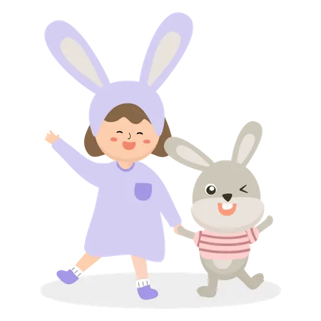 Meninas com coelho engraçado  Ilustração