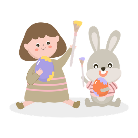 Meninas com coelho engraçado e ovo de páscoa  Ilustração