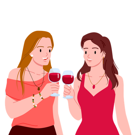 Meninas com taça de vinho  Ilustração