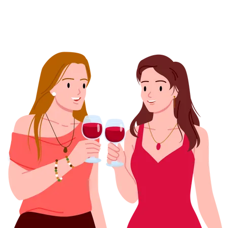 Meninas com taça de vinho  Ilustração