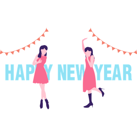 Meninas comemorando a festa de ano novo  Ilustração