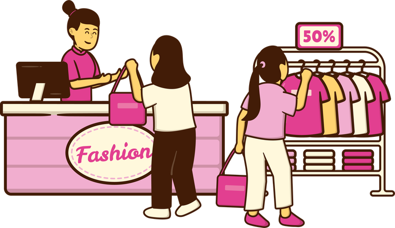 Meninas comprando bolsa e roupas em super loja  Ilustração