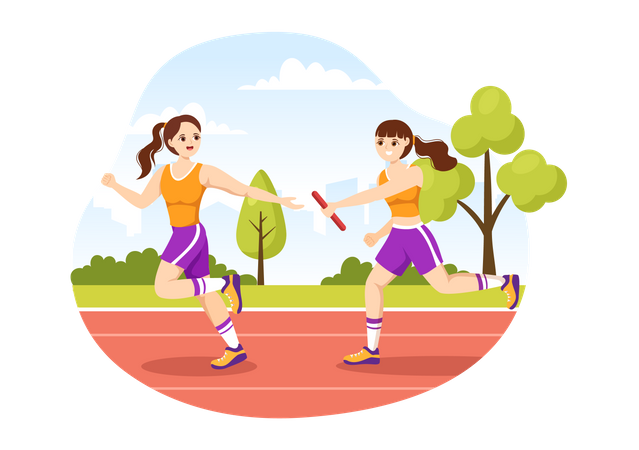 Meninas correndo em corrida de revezamento  Ilustração