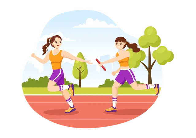 Meninas correndo em corrida de revezamento  Ilustração