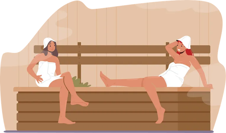 Meninas desfrutando de sauna spa  Ilustração