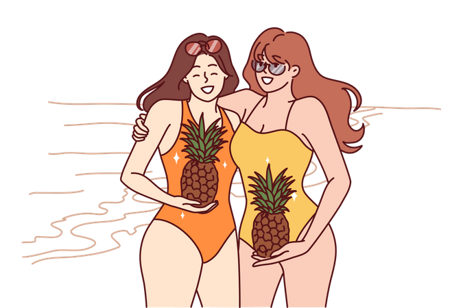 Meninas de praia segurando abacaxi  Ilustração