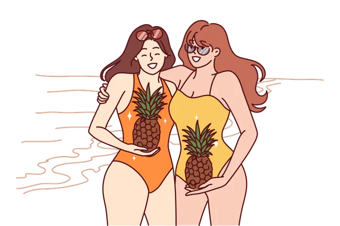 Meninas de praia segurando abacaxi  Ilustração