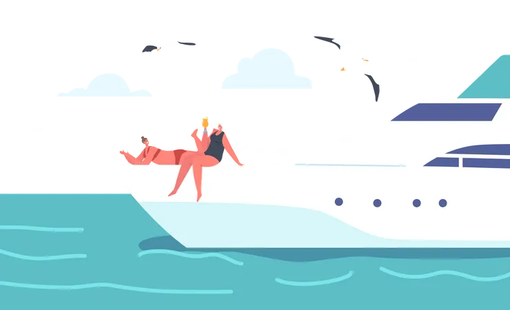 Cruzeiro De Verao Passeio Aquatico Personagens Femininas Viajando Em Iate De Luxo No Mar Mulheres Felizes Bebendo Coqueteis Deitadas No Conves Do Navio Banhos De Sol Nas Ferias De Verao Ilustra O Vetorial De Desenho Animado Ilustração