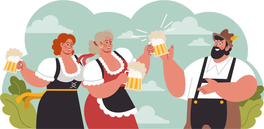 Meninas e homem comemoram cerveja  Ilustração