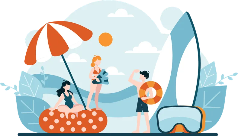 Meninas e menino se divertindo na praia  Ilustração