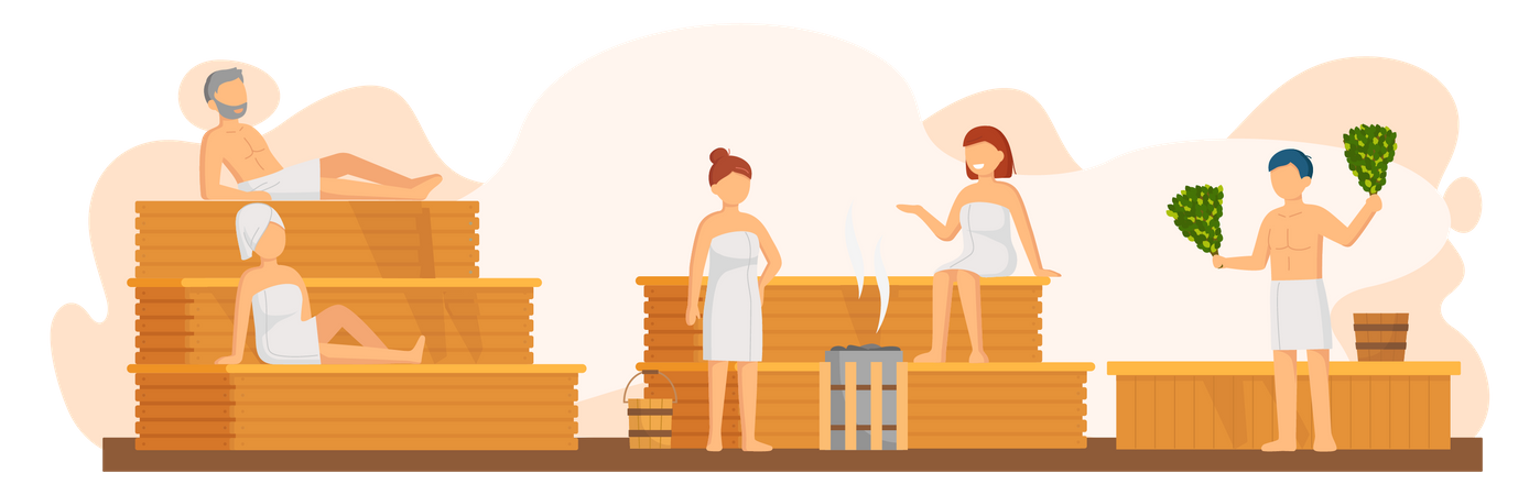 Meninas e meninos cozinhando na sauna  Ilustração