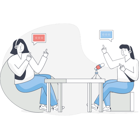 Meninas estão fazendo entrevista em podcast  Ilustração