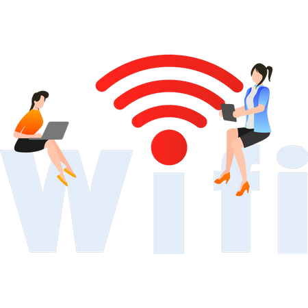 As meninas estão usando WIFI no laptop  Ilustração