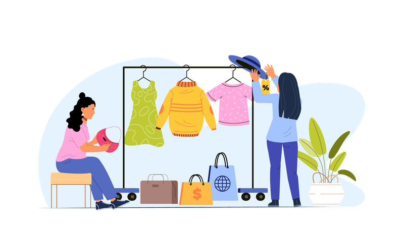 Meninas fazendo compras em loja de moda  Ilustração