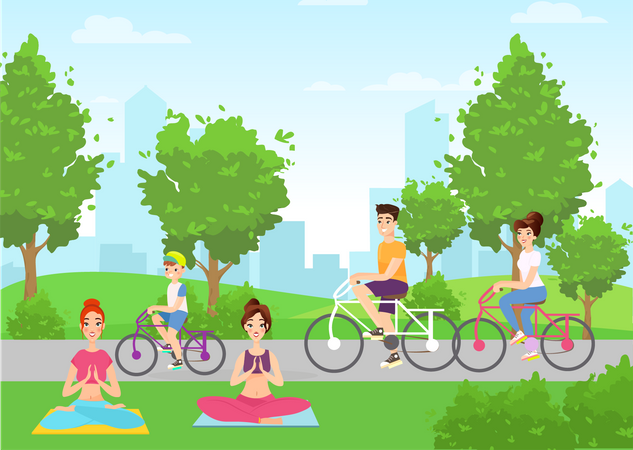 Meninas fazendo meditação no parque enquanto crianças andam de bicicleta  Ilustração
