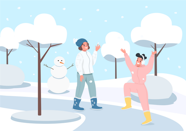 Meninas felizes com a queda de neve  Ilustração