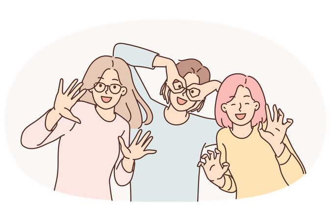 Meninas felizes de amigos se divertem fazendo caretas e colocando os dedos nos rostos em vez de óculos  Ilustração