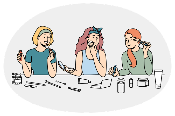 Meninas felizes se divertem aplicando maquiagem aproveitando o dia de beleza juntas em casa  Ilustração