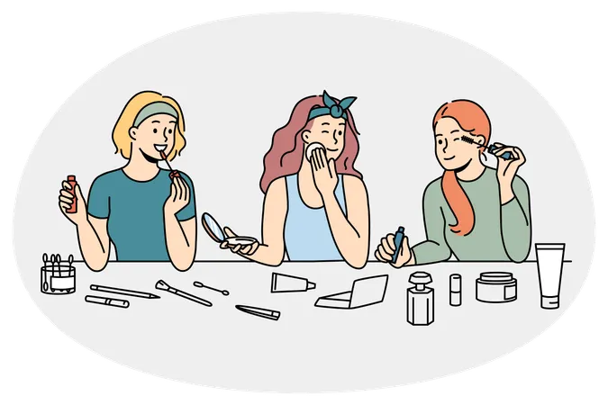 Meninas felizes se divertem aplicando maquiagem aproveitando o dia de beleza juntas em casa  Ilustração