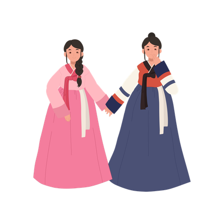 Meninas sorridentes felizes em vestido tradicional coreano hanbok para férias  Ilustração