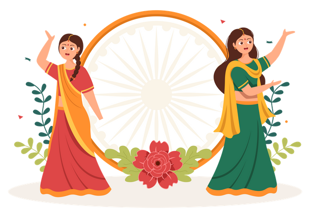 Meninas indianas comemorando o Dia da Independência  Ilustração