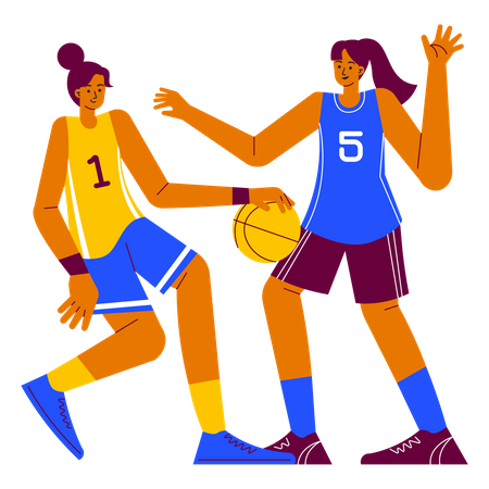 Meninas jogando basquete na competição de basquete  Ilustração