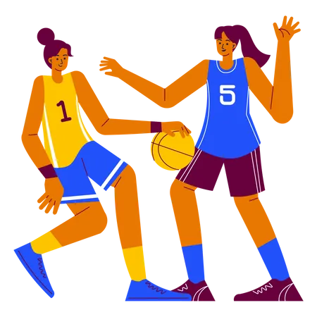 Meninas jogando basquete na competição de basquete  Ilustração