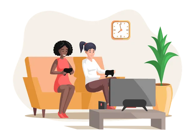 Meninas jogando videogame sentadas no sofá com gamepad  Ilustração