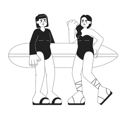 Meninas jovens surfistas com prancha de surf na praia  Ilustração