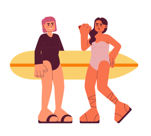 Meninas jovens surfistas com prancha de surf na praia  Ilustração