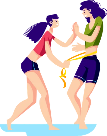Meninas medindo cintura com fita métrica  Ilustração