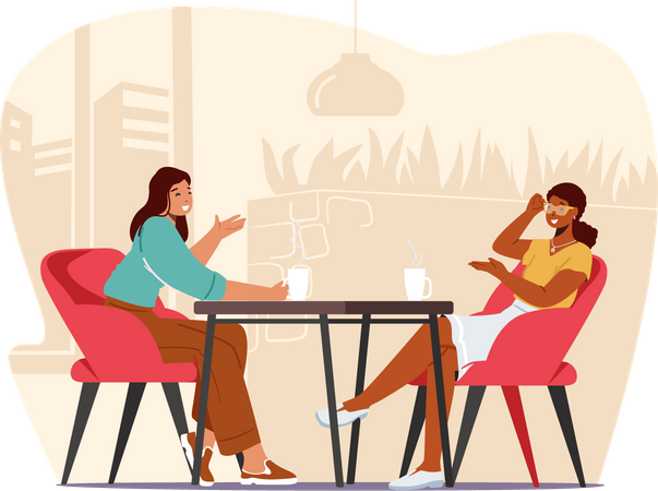 Meninas no café tomando café e conversando  Ilustração