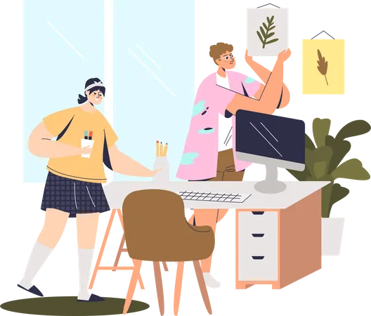 Meninas preparando o local de trabalho em casa  Illustration