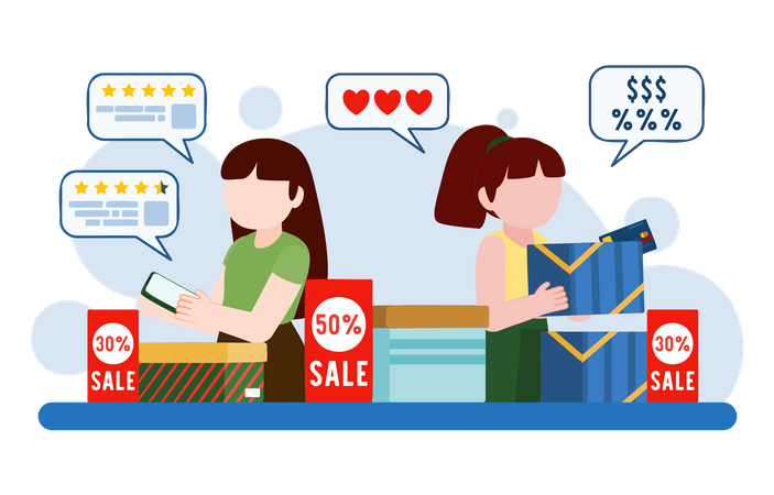 Meninas usando os direitos do consumidor enquanto fazem compras online  Ilustração