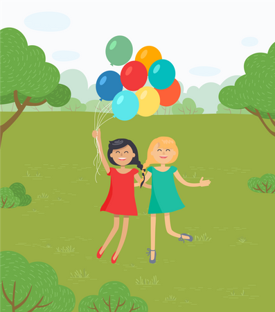 Meninas se divertindo pulando juntas com balões  Ilustração