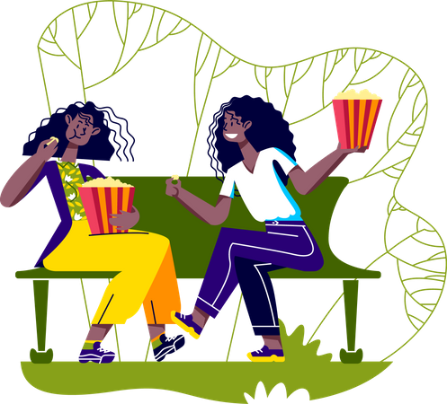 Meninas sentadas no banco do parque comendo pipoca  Ilustração