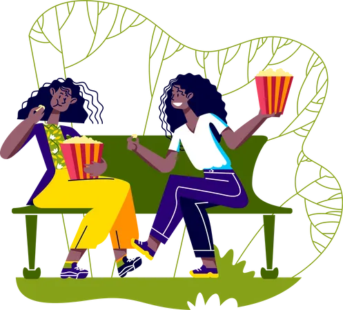 Meninas sentadas no banco do parque comendo pipoca  Ilustração