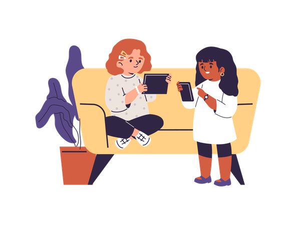 Meninas sentadas no sofá com telefone e tablet  Ilustração