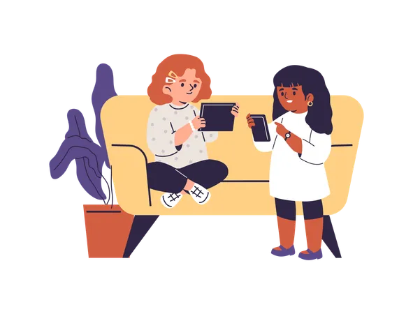 Meninas sentadas no sofá com telefone e tablet  Ilustração