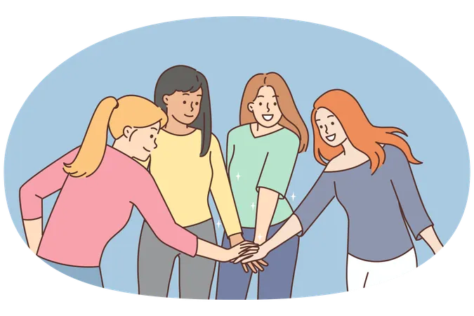 Meninas sorridentes dão as mãos demonstrando união e liderança  Ilustração
