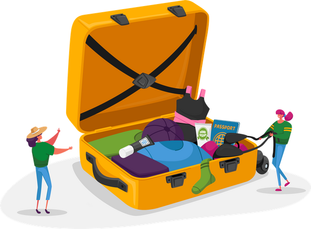 Meninas tiram roupas ou acessórios de viagem da mala após viagem de férias  Ilustração