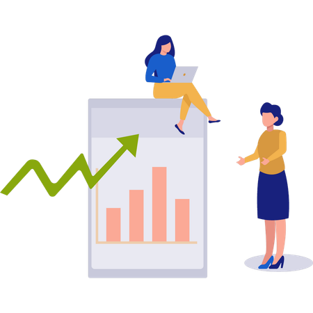 Meninas trabalhando no gráfico de negócios no laptop  Ilustração